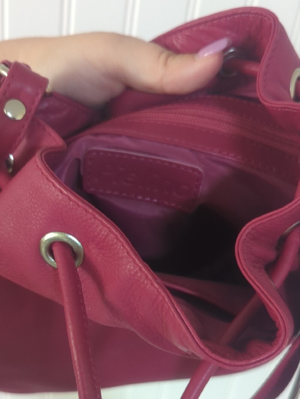 Genuine Leather Raspberry Drawstring Bucket Bag - Picture 9 of 11